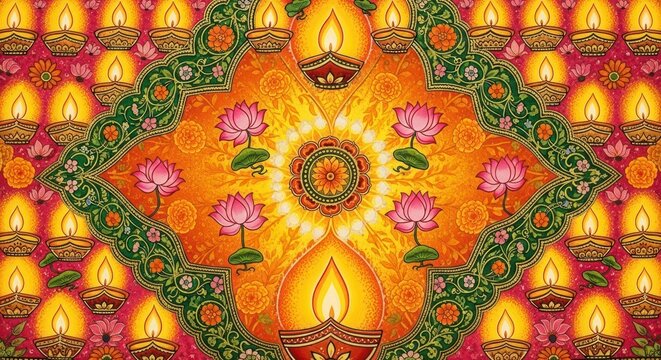 Vibrant Diwali Diya and Lotus Flower Mandala Art.