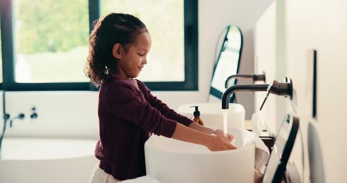 Health, washing hands or kid in home with face, bacteria removal or child growth in wellness routine. Safety, clean or girl with portrait, virus prevention or hygiene habit in childhood development.