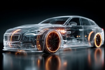 Naklejka premium Futuristic transparent car showcasing intricate design elements, glowing wheels, positioned on sleek surface, highlighting advanced automotive technology and innovation in modern vehicle engineering