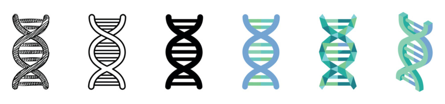 DNA helix molecule icons in various styles including doodle, outline, solid, flat, geometric, and isometric vector illustration set