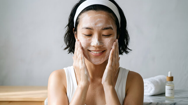 Skincare Ritual: A young woman with a gentle smile enjoys a refreshing skincare routine, applying a facial cleanser with both hands, her eyes closed in serene bliss.