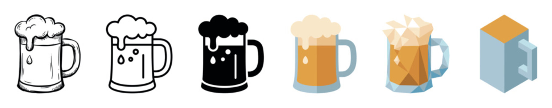 Beer mug glass pint icons in various styles including hand-drawn, outline, glyph, flat, low poly, and isometric vector illustration