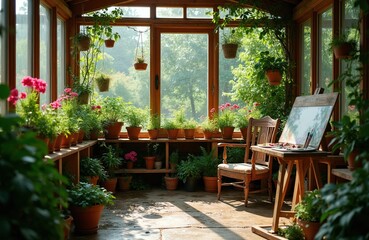 Fototapeta premium Wooden greenhouse interior filled with potted plants and flowers. An easel with paints and brushes suggests an artist hobby. Sunlight streams through glass windows.