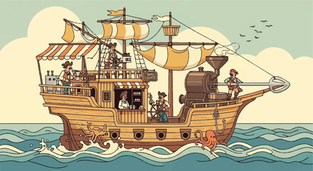 Cartoon sailing vessel with crew and coffee machine on the sea © Khol