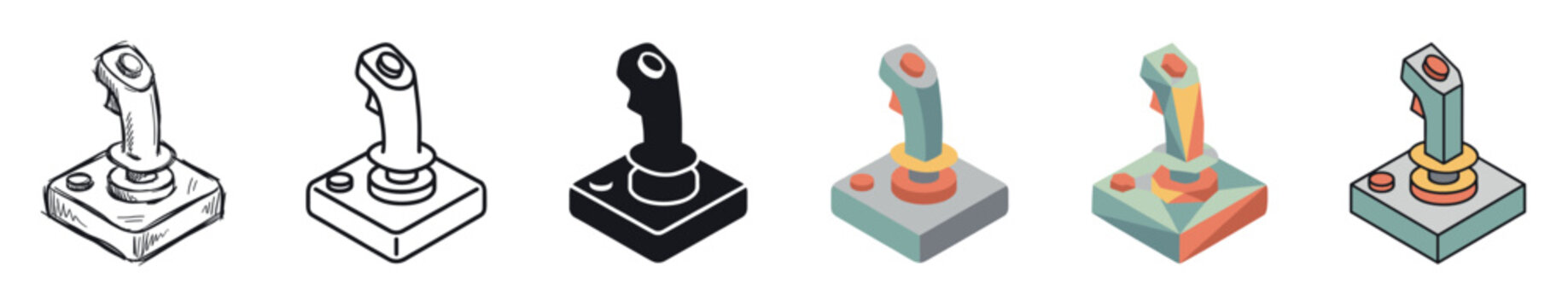 Joystick game controller icons in various styles including sketch, outline, solid, isometric, low poly, and line art vector illustration