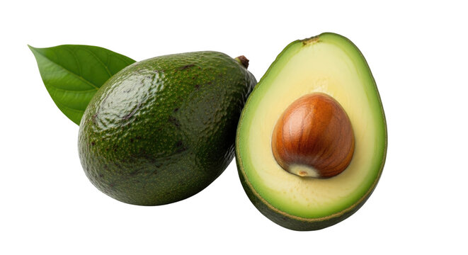 Whole and halved avocado with natural green leaf, dark background, seed