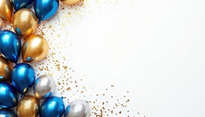 Fototapeta premium Blue gold and silver balloons with scattered glitter create festive border. White background for holiday event. Joyful and glamorous celebration.