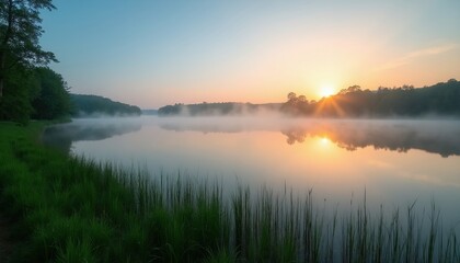 Obraz premium Calm lake surface at sunrise with sun rays through mist over water. Green grass and trees on shore reflect in still lake. Peaceful morning nature landscape.