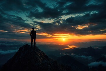 Fototapeta premium A lone figure stands atop a mountain peak, gazing at a vibrant sunset over a misty valley with rivers and distant mountains under a dramatic sky.