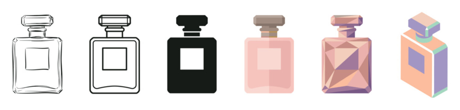 Perfume bottle icons in various styles including sketch, outline, solid, flat, low poly, and isometric designs