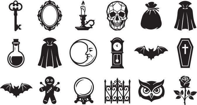 Halloween Vampire and Gothic Magic Silhouette Icon Vector Illustration Set