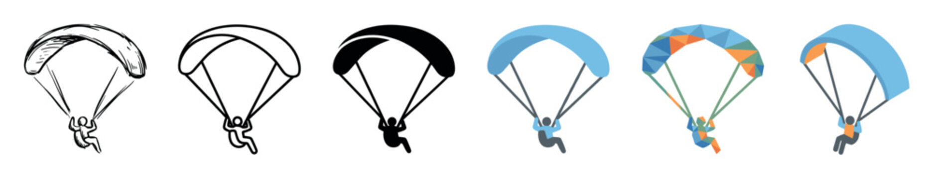 Parachutist skydiving paragliding icons set in different styles including sketch, line, solid, flat, geometric, and isometric vector illustration