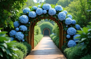 Fototapeta premium Wooden path goes through bamboo arch covered with blue hydrangeas. Rich green garden with trimmed bushes and trees, leading to another archway. Peaceful nature scene.