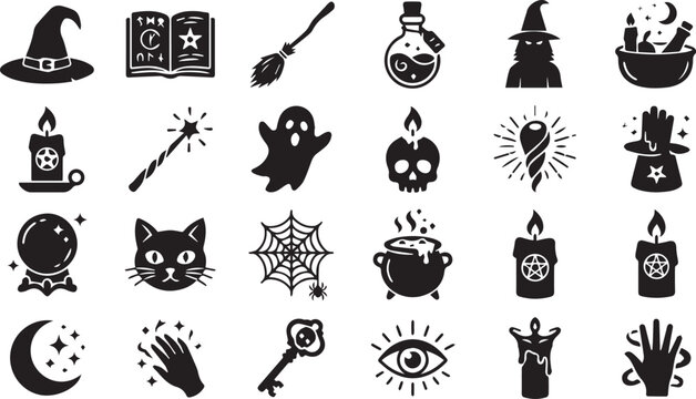 Witchcraft and Magic Halloween Silhouette Icon Set