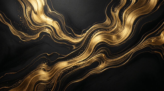 Black and gold luxury abstract background with fluid marble waves texture