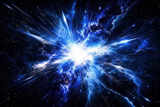 A bright, explosive cosmic burst radiates blue and white energy across a dark space background, resembling a powerful supernova or galaxy collision.