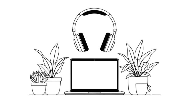 Minimalist home office setup with laptop, headphones, and houseplants