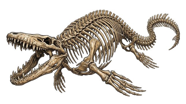 Giant ocean predator skeleton illustration, layered jaw bones filled with uneven teeth, massive spinal column, dramatic curved swimming pose, fossil-inspired detailing, highly detailed 2d artwork