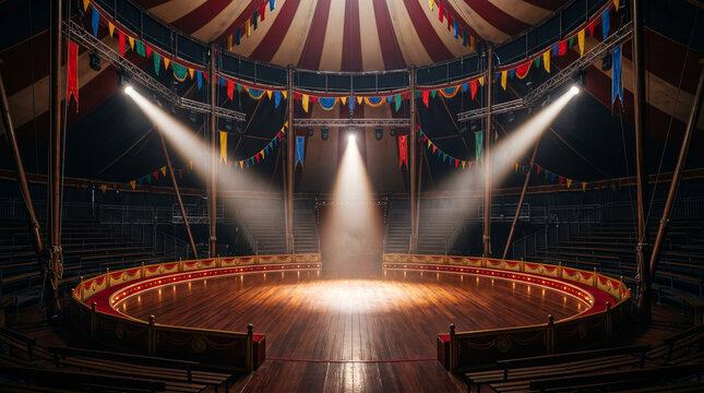 Empty circus arena stage with spotlights inside big top tent with colorful flags