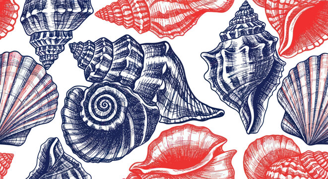 Vintage seashell pattern with red and blue ink drawing