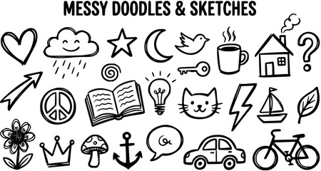 Fototapeta premium Black and White Line Art Doodles and Sketches: Heart, Cloud, Star, Moon, Bird, House, Question Mark, Car, Bicycle