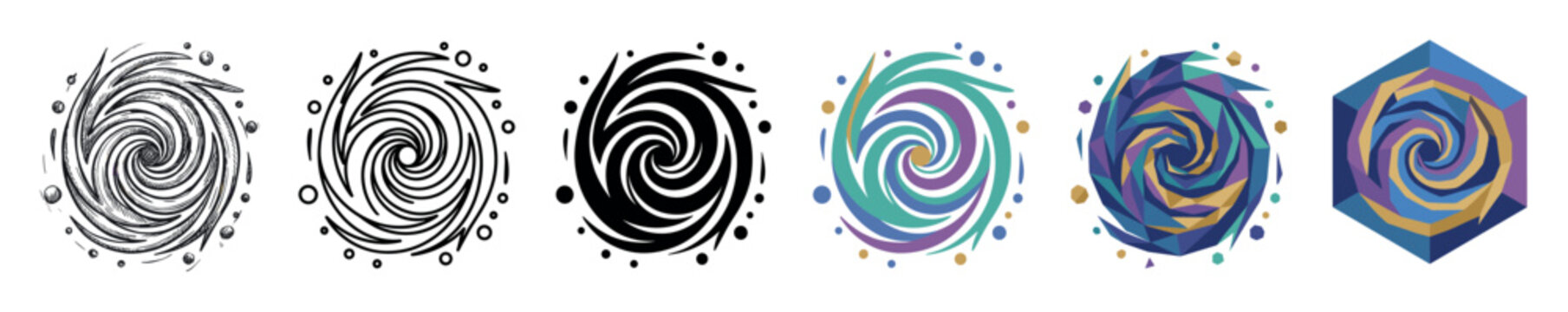 Swirl vortex hurricane icons in various styles including hand-drawn, outline, solid, flat, polygonal, and isometric vector illustration
