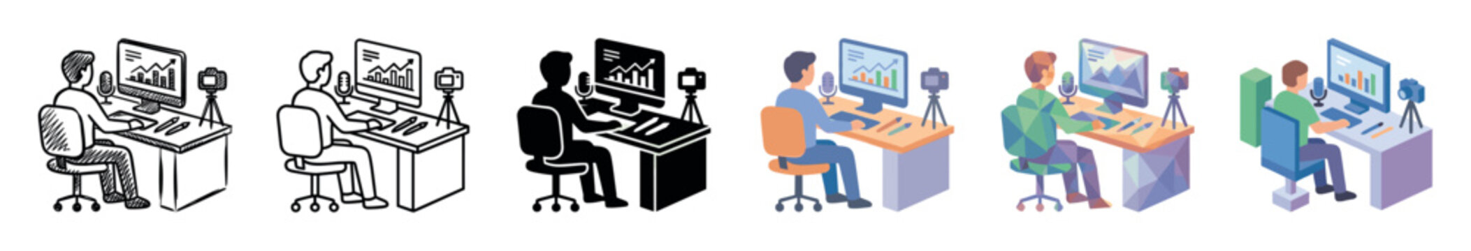 Man sitting at desk with computer, microphone, and camera in various styles icon set, including sketch, line art, silhouette, flat, low poly, and isometric designs