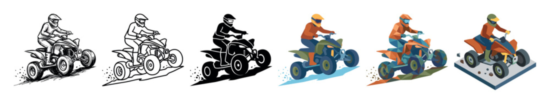 Quad bike rider in various styles including sketch, outline, silhouette, flat, low poly, and isometric vector illustration set
