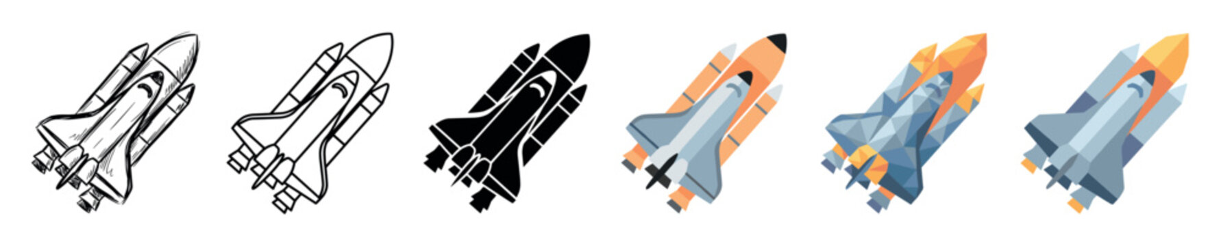 Space shuttle rocket icons in sketch, outline, solid, flat, low poly, and isometric styles vector illustration