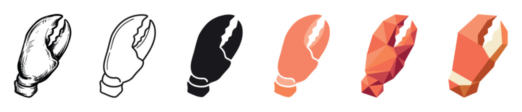 Lobster claw crab pincer seafood icons set in various styles vector illustration