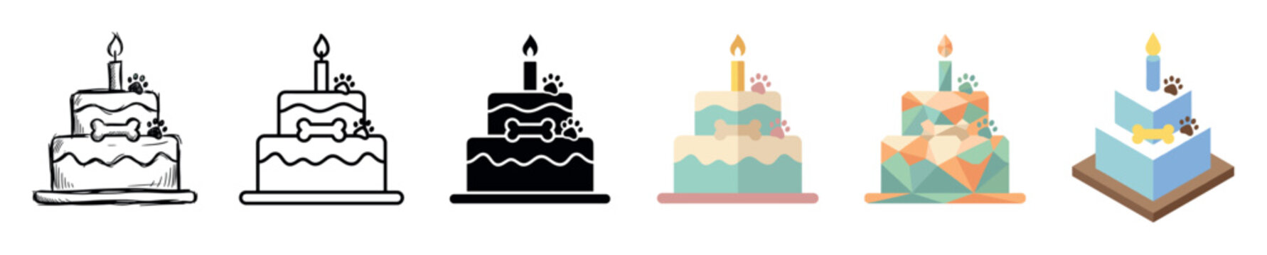 Tiered birthday cake with candle, bone, and paw print decorations in various styles icon set