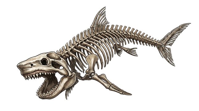 Giant shark ocean predator skeleton illustration, layered jaw bones filled with uneven teeth, massive spinal column, dramatic curved swimming pose, fossil-inspired detailing,highly detailed 2d artwork