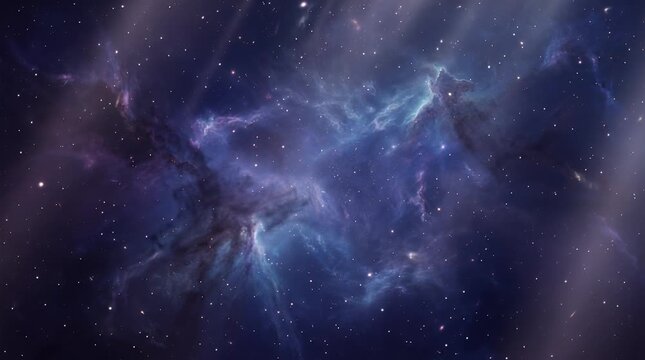 Cosmic nebula illuminated with light rays in deep space