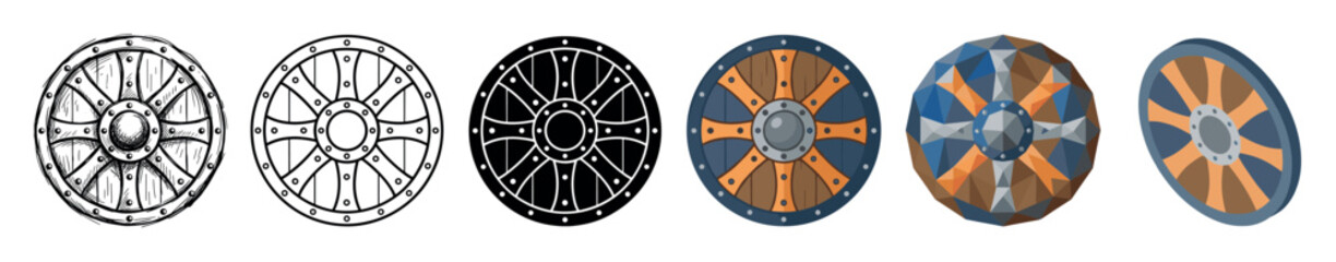Fototapeta premium Viking shield in various styles including sketch, outline, silhouette, flat, low poly, and isometric vector illustration