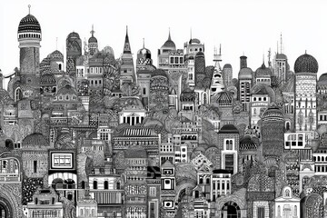 Fototapeta premium Urban Tapestry: An intricate, monochrome illustration depicts a densely packed cityscape, a mosaic of architectural styles with diverse rooftops and minarets reaching towards the sky.