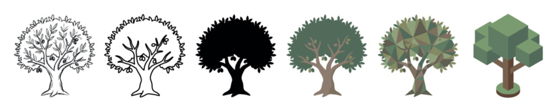 Olive tree icons in various styles including hand drawn, outline, silhouette, flat, low poly, and isometric vector illustration