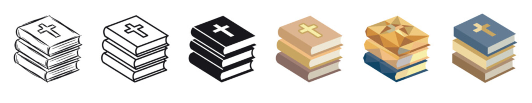 Bible book stack icons in various styles including sketch, outline, solid, isometric, and low poly vector illustration