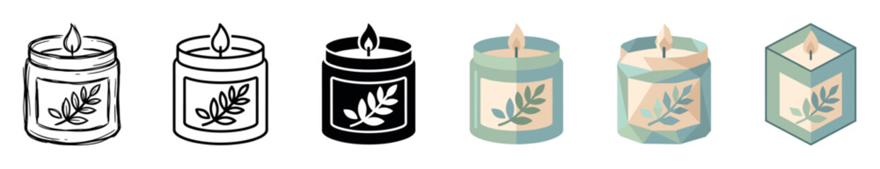 Obraz premium Scented candle jar with burning flame and botanical label in various styles icon set