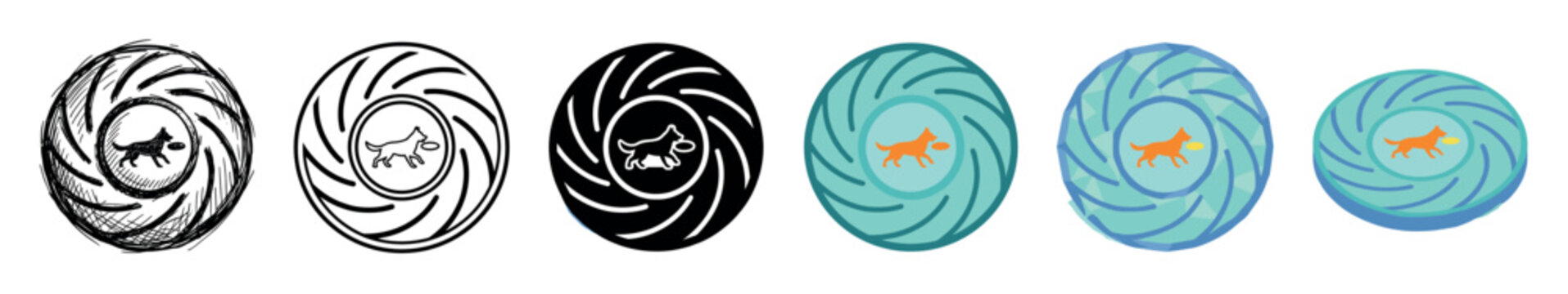 Dog frisbee play pet animal icons in various styles including sketch, line, solid, flat, and isometric vector illustration