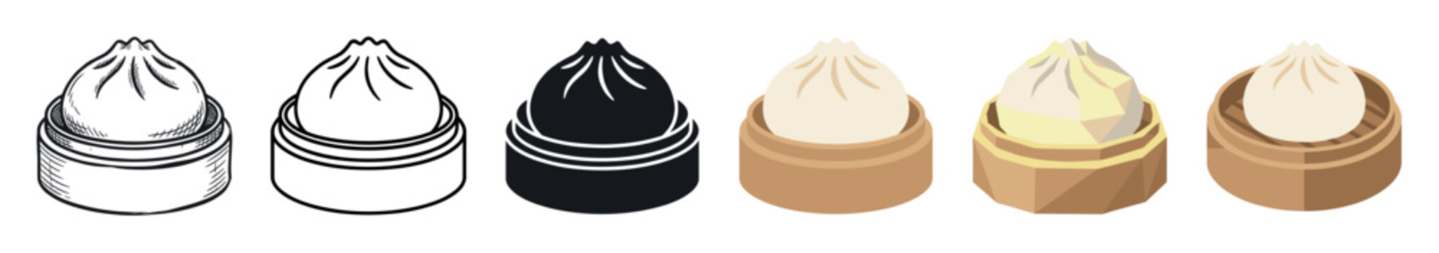 Xiao long bao dumpling steamed bun in bamboo basket icon set in various styles, including hand-drawn, outline, glyph, flat, low poly, and isometric