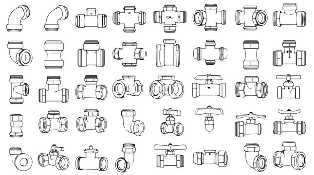 Collection of Plumbing Pipe Fittings, Valves, and Fixtures in Minimalist Line Art Style