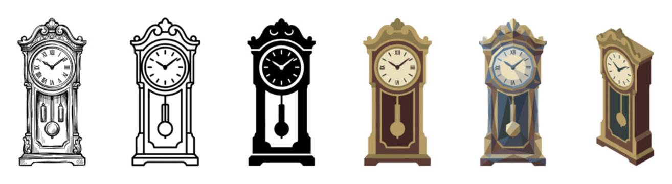 Grandfather clock pendulum time icons in various styles including sketch, outline, glyph, flat, low poly, and isometric vector illustration