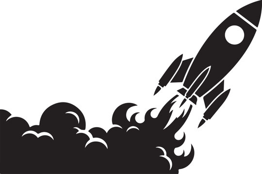 Rocket launch, space shuttle, black icon, vector graphic, launchpad blast off