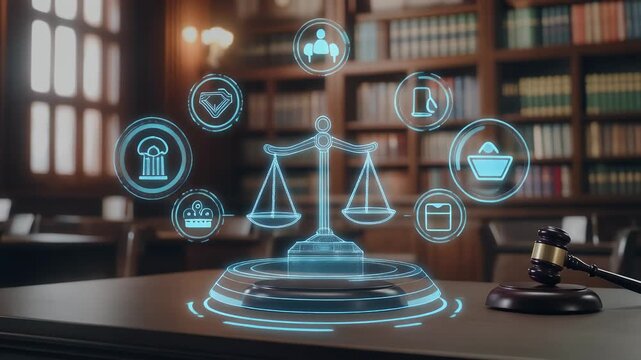 A lawyer presents justice symbols in a courtroom environment with law books.