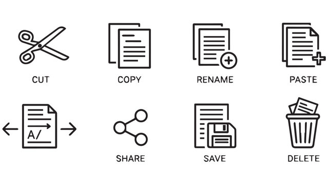 Flat design icons for cut, copy, paste, rename, save, delete and share actions