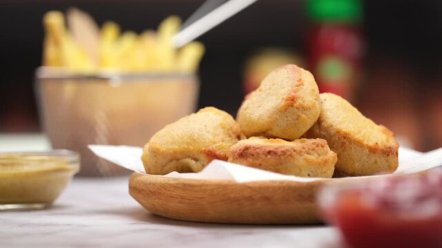 Chicken nuggets on wooden plate, kitchen background