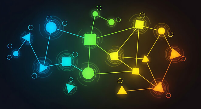 Abstract digital network connection with glowing geometric shapes on a dark background