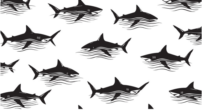 School of Sharks Swimming in Wavy Ocean Lines Artwork