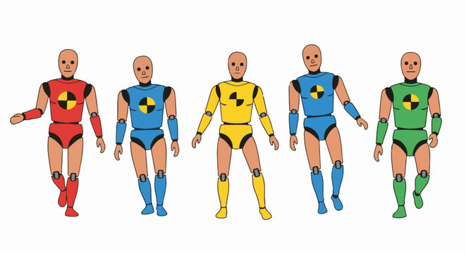 Five colorful crash test dummies in various poses against a white background