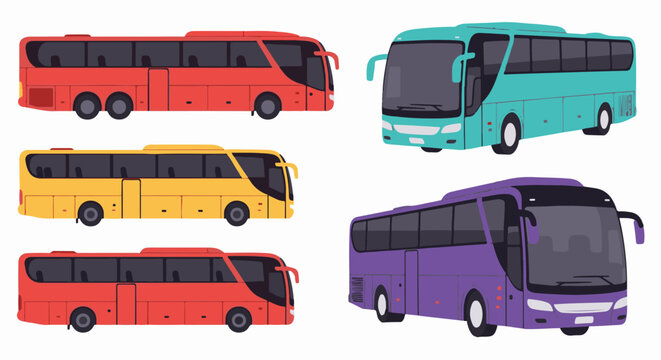 Five colorful tourist coaches displayed on a white background